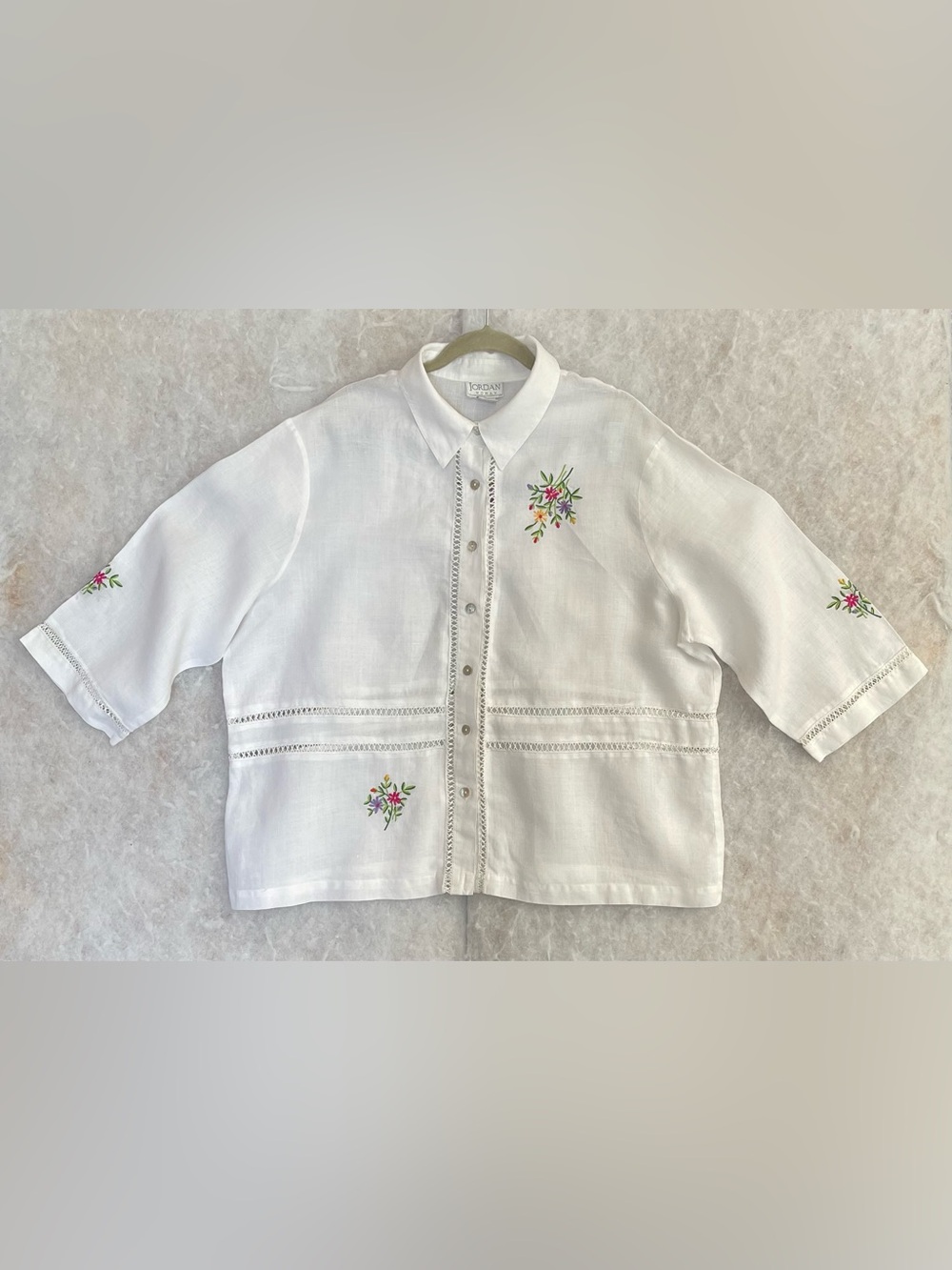 Jordan White Button-Front Kids Shirt with Pink & Green Floral Embroidery